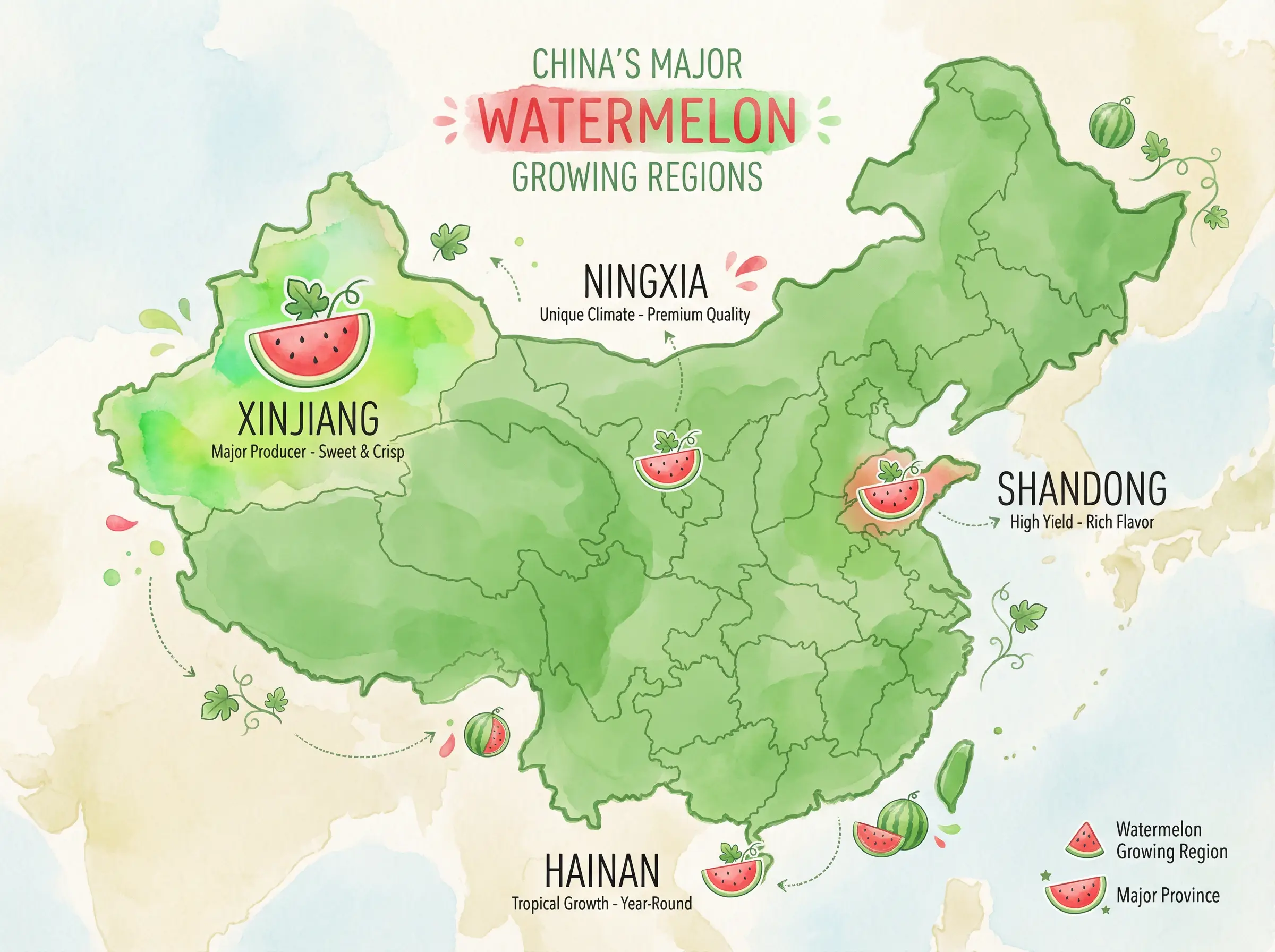中国西瓜主要产地分布地图 - 今日吃瓜